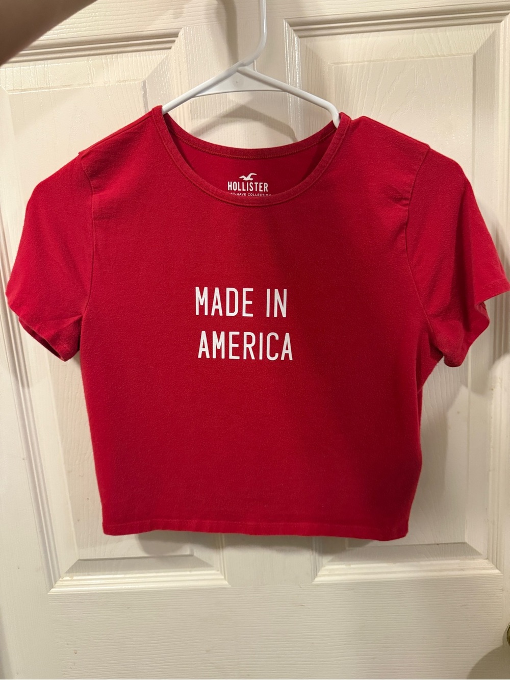 Hollister Red Crop Tee with White 'Made in America' Text Upcycled